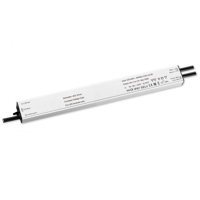 LED PWM-Trafo 24V/DC, 0-100W, Push/DALI-2 dimmbar, IP67, SELV, flach, ultraschmal