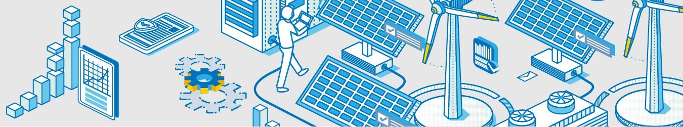 Isometrische Illustration von Solarzellen, Windkraftanlagen, Diagrammen und einem Menschen mit Tablet zur Darstellung erneuerbarer Energien und Datenanalyse.