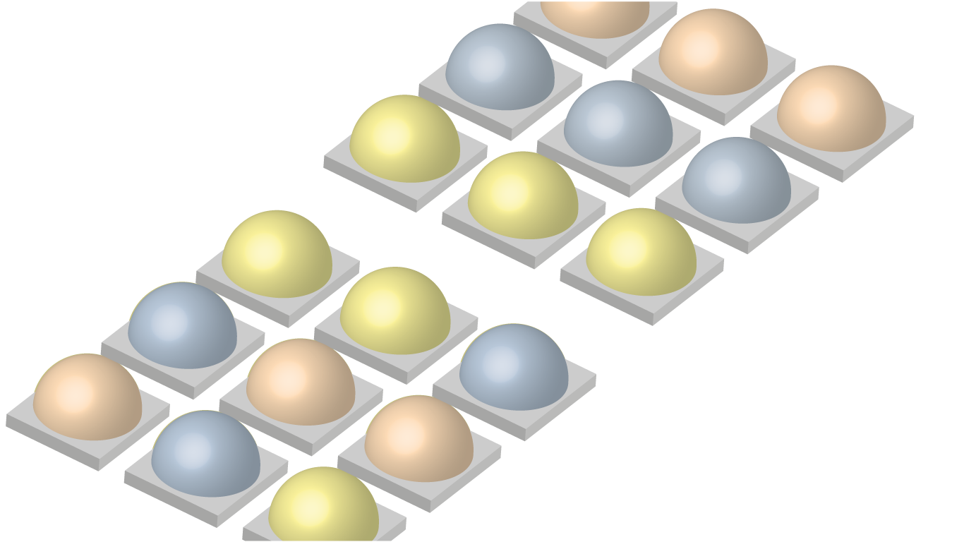 Verschiedene halbkugelf&ouml;rmige Objekte in Pastellfarben sind auf quadratischen Platten angeordnet. Sie sind in Reihen und Spalten angeordnet, in einem schachbrettartigen Muster ohne erkennbaren Hintergrund.