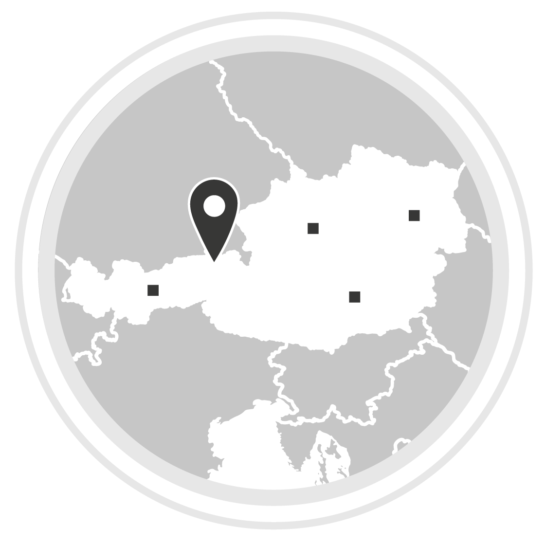Karte von &Ouml;sterreich mit einem Positionsmarker, der auf einen zentralen Punkt zeigt. Schwarze Quadrate markieren weitere Orte. Umgeben von Nachbarl&auml;ndern, die in grau dargestellt sind.