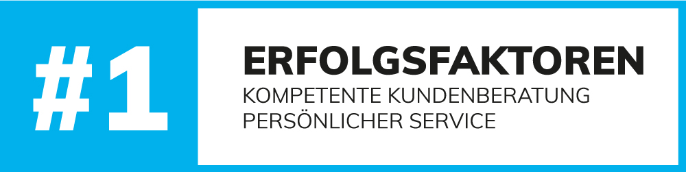 Wei&szlig;e Nummer #1 und Text Erfolgsfaktoren Kompetente Kundenberatung Pers&ouml;nlicher Service auf blau-wei&szlig;em Hintergrund, links Nummer, rechts Text auf hellem Rechteckfeld.