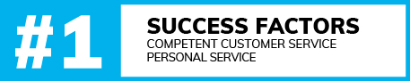 White number #1 and text Success Factors Competent Customer Advice Personal Service on a blue-white background, number on the left, text on a light rectangular field on the right.