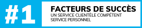 Num&eacute;ro blanc #1 et texte Facteurs de succ&egrave;s Conseil client comp&eacute;tent Service personnalis&eacute; sur fond bleu et blanc, num&eacute;ro &agrave; gauche, texte sur un champ rectangulaire clair &agrave; droite.