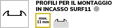 Un profilo di guida per il montaggio con bordi curvi, mostrato in un disegno grafico. Testo in alto: PROFILI PER IL MONTAGGIO IN INCASSO SURF11. Testo in basso a sinistra: max. 11 mm. A destra c&rsquo;&egrave; uno sfondo grigio.
