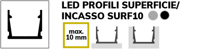 Disegno tecnico di un profilo LED a forma di U con la scritta LED PROFILI SUPERFICIE/INCASSO SURF10, simboli di colore grigio e nero, e indicazione max. 10 mm per la larghezza massima di installazione.