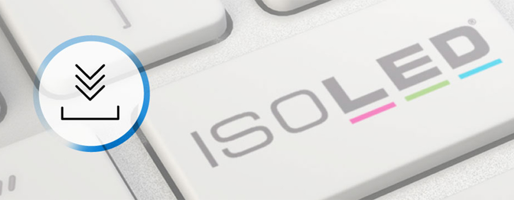 Eine Computertaste mit der Aufschrift ISOLED, daneben ein Symbol mit dreifachem Abw&auml;rtspfeil &uuml;ber einem Balken, umgeben von einem blauen Kreis, zeigt eine Download-Funktion an.
