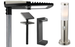 Vier moderne Au&szlig;enleuchten in unterschiedlichen Designs. Links eine flache, rechteckige LED-Leuchte, mittig eine kleine quadratische Lampe und eine U-f&ouml;rmige Leuchte, rechts eine zylindrische Stehlampe mit Bewegungsmelder.