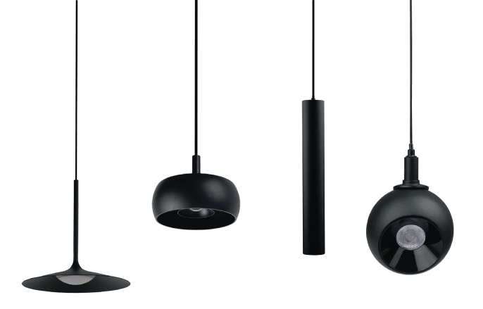 Vier schwarze Pendelleuchten in unterschiedlichen modernen Designs, schlank, rund und zylindrisch geformt.