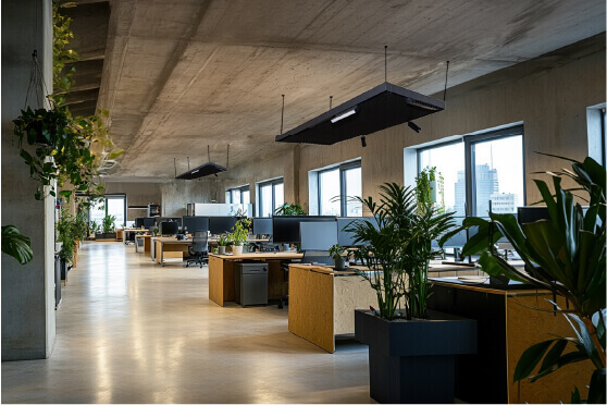 B&uuml;roschreibtische mit Computern und Pflanzen stehen ordentlich in einem modernen, ger&auml;umigen offenen B&uuml;ro mit gro&szlig;en Fenstern und Betonw&auml;nden. H&auml;ngende Leuchten beleuchten den Raum.