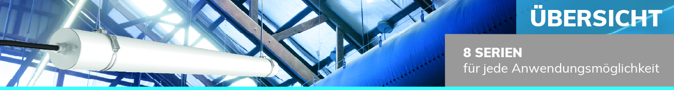 Eine wei&szlig;e, zylindrische Lampe h&auml;ngt horizontal in einer modern-gefliesten Hallenkonstruktion. Rechts steht Text: &Uuml;BERSICHT 8 SERIEN f&uuml;r jede Anwendungsm&ouml;glichkeit auf blauem und grauem Hintergrund.