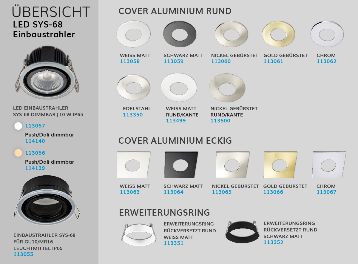 Faretti da incasso e accessori in vari colori e forme, inclusi cover in alluminio rotondi e quadrati, anelli di estensione, portalampade GU10/MR16 e faretti IP65 dimmerabili con codici articolo su sfondo grigio.