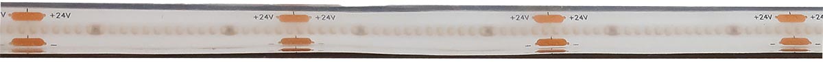 Nahaufnahme eines flexiblen LED-Streifens mit sichtbaren 24V-Anschl&uuml;ssen und L&ouml;tpunkten.